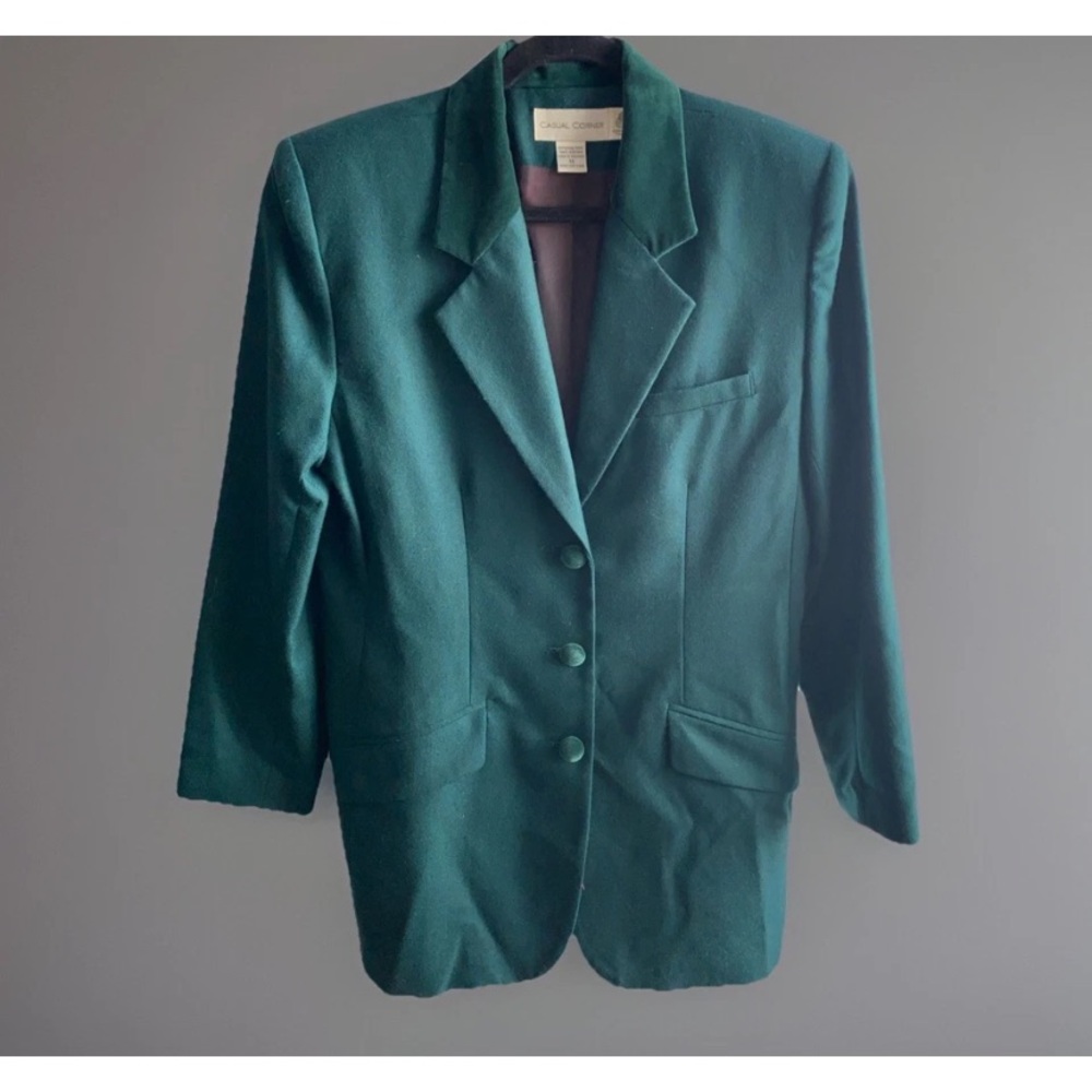 Vintage Casual Corner Long Cut‎ Equestrian Jade Green Wool Blazer Jacket Size 14